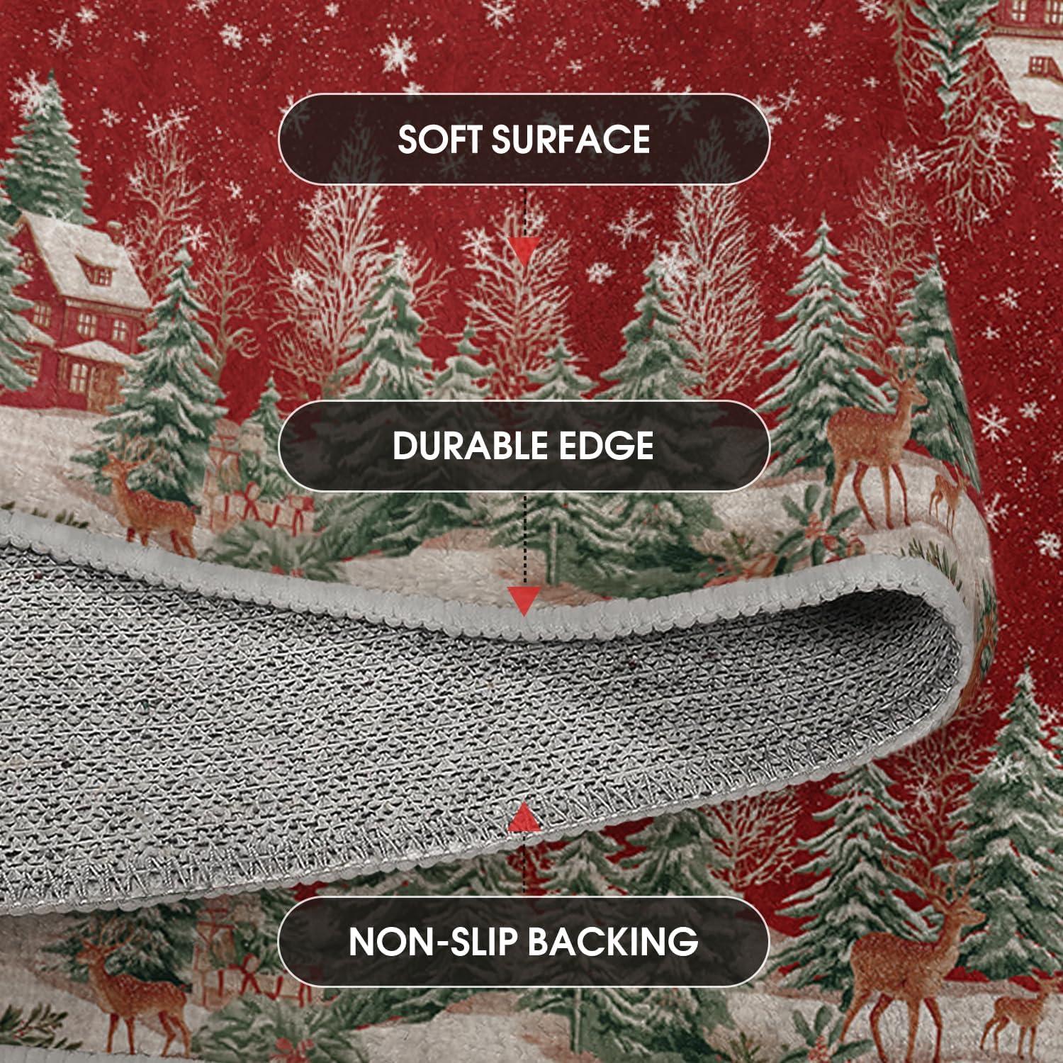 image:imageArtoid Mode Red Pine Tree Deer Christmas Door Mat Winter Home Decor LowProfile NonSlip Washable Throw Rug for Kitchen Entryway Front Door Bedroom Bathroom 2x3 FeetRed