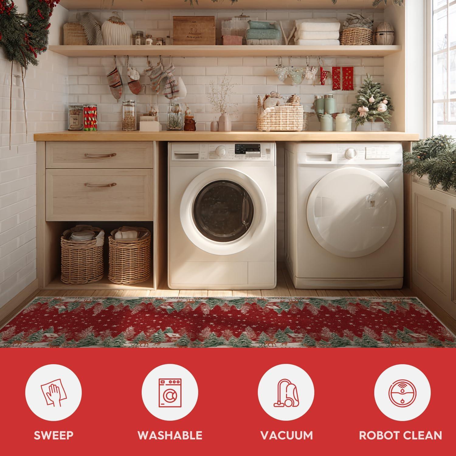 image:imageArtoid Mode Red Pine Tree Deer Christmas Door Mat Winter Home Decor LowProfile NonSlip Washable Throw Rug for Kitchen Entryway Front Door Bedroom Bathroom 2x3 FeetRed
