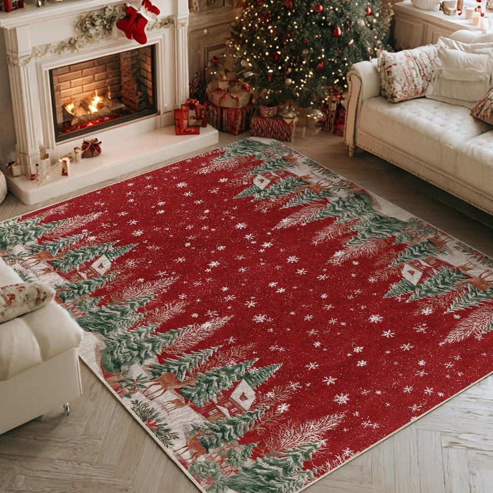 image:imageArtoid Mode Red Pine Tree Deer Christmas Door Mat Winter Home Decor LowProfile NonSlip Washable Throw Rug for Kitchen Entryway Front Door Bedroom Bathroom 2x3 FeetRed