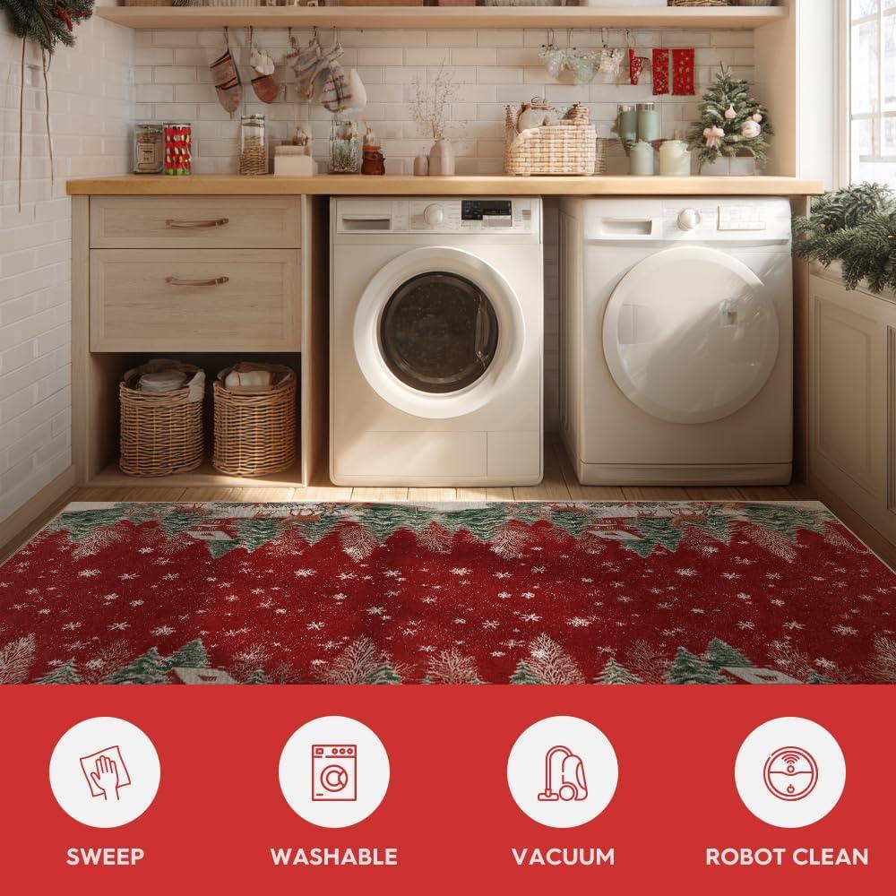 image:imageArtoid Mode Red Pine Tree Deer Christmas Door Mat Winter Home Decor LowProfile NonSlip Washable Throw Rug for Kitchen Entryway Front Door Bedroom Bathroom 2x3 FeetRed