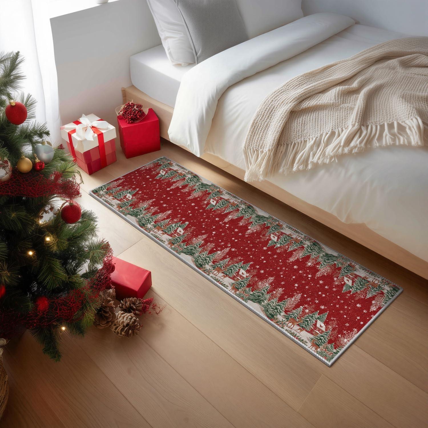 image:imageArtoid Mode Red Pine Tree Deer Christmas Door Mat Winter Home Decor LowProfile NonSlip Washable Throw Rug for Kitchen Entryway Front Door Bedroom Bathroom 2x3 FeetRed