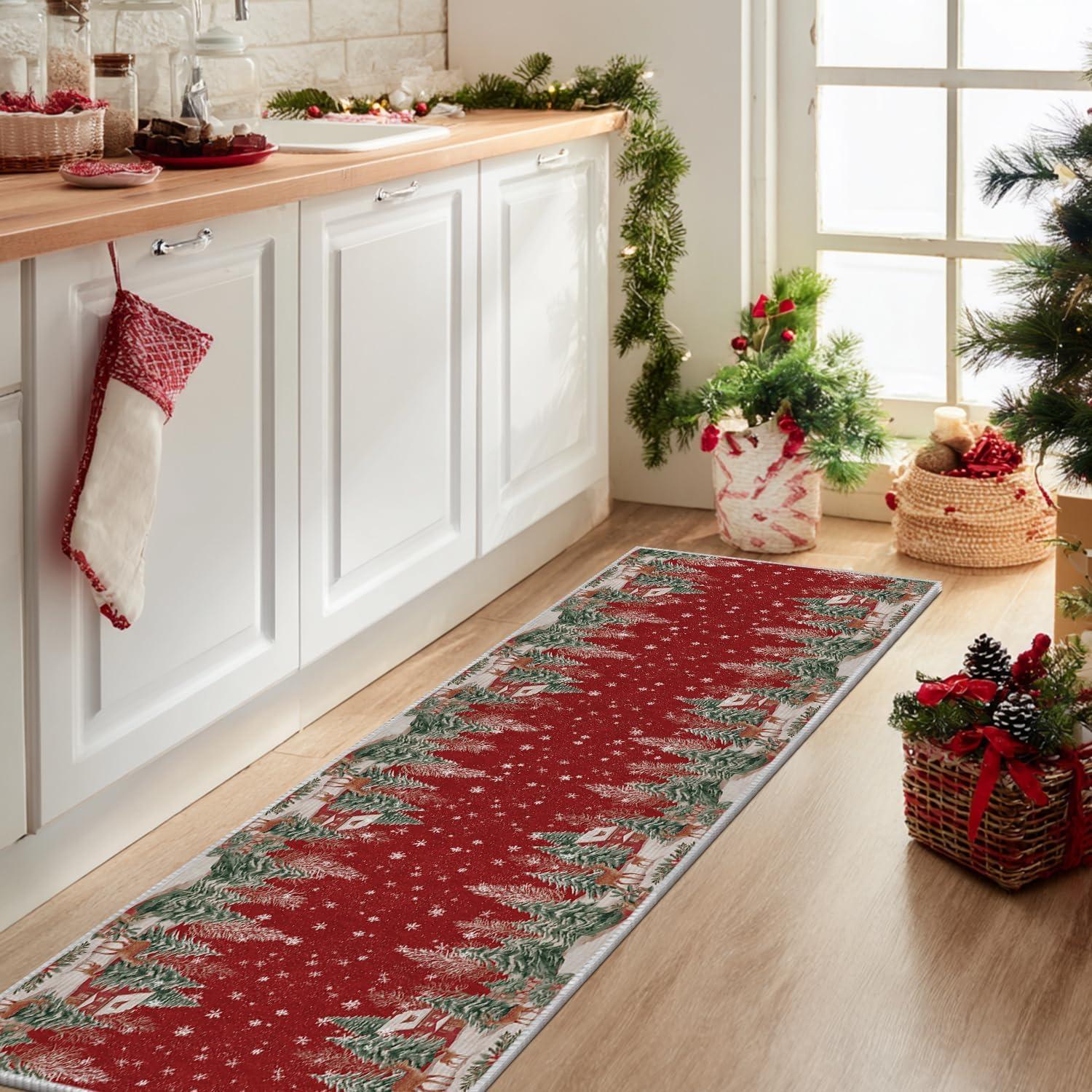 image:imageArtoid Mode Red Pine Tree Deer Christmas Door Mat Winter Home Decor LowProfile NonSlip Washable Throw Rug for Kitchen Entryway Front Door Bedroom Bathroom 2x3 FeetRed