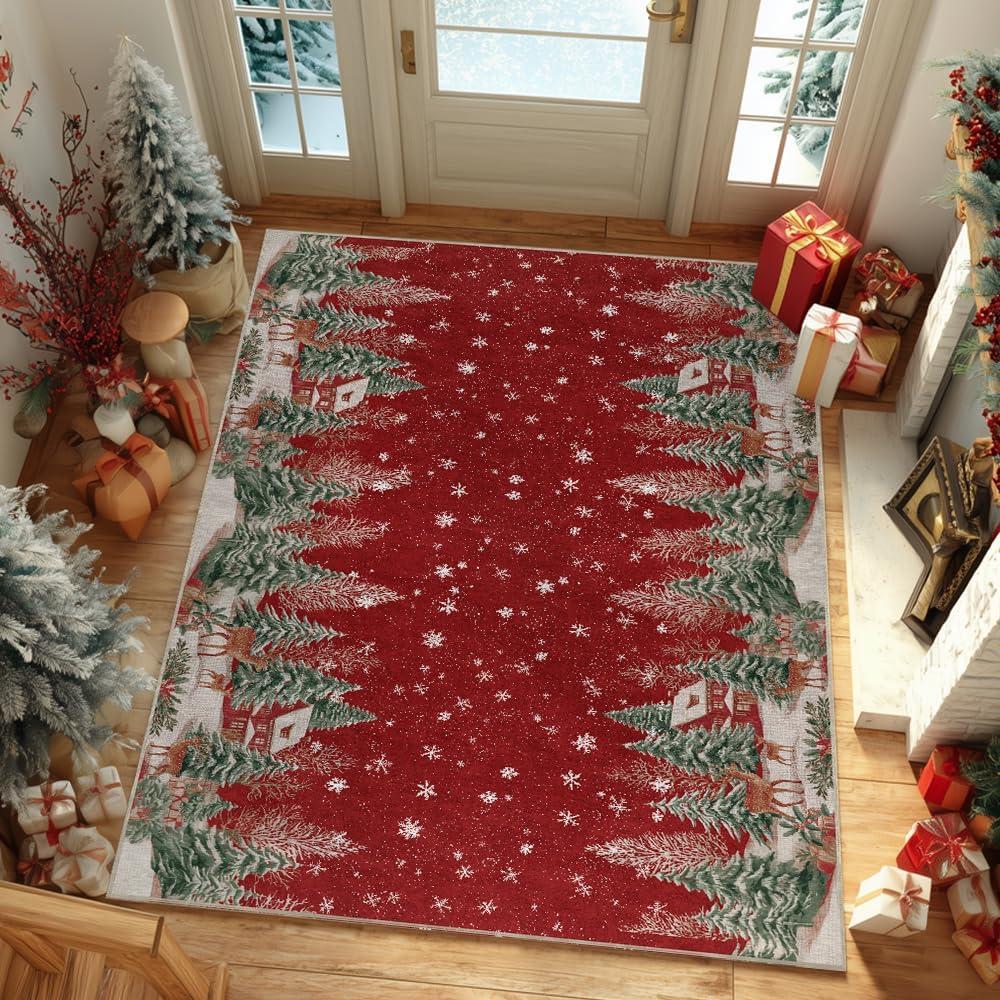 image:imageArtoid Mode Red Pine Tree Deer Christmas Door Mat Winter Home Decor LowProfile NonSlip Washable Throw Rug for Kitchen Entryway Front Door Bedroom Bathroom 2x3 FeetRed