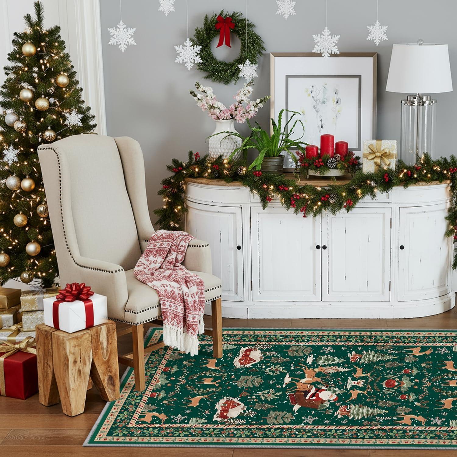 image:imageArtoid Mode Red Santa Claus Deer Christmas Area Rug Winter Home Decor LowProfile NonSlip Washable Large Rug for Living Room Bedroom Farmhouse Dining Room Kids Playroom 3x5 FeetGreen