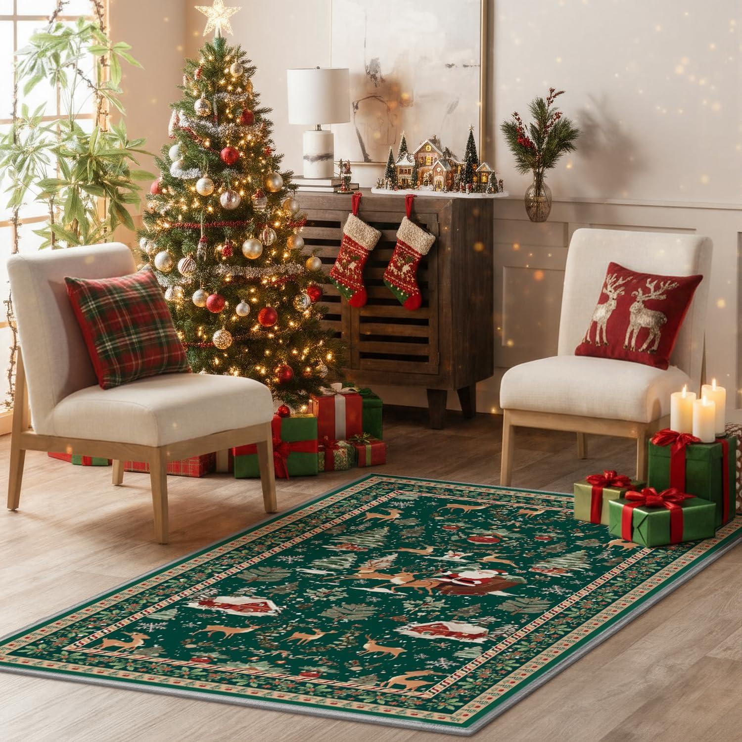 image:imageArtoid Mode Red Santa Claus Deer Christmas Area Rug Winter Home Decor LowProfile NonSlip Washable Large Rug for Living Room Bedroom Farmhouse Dining Room Kids Playroom 3x5 FeetGreen
