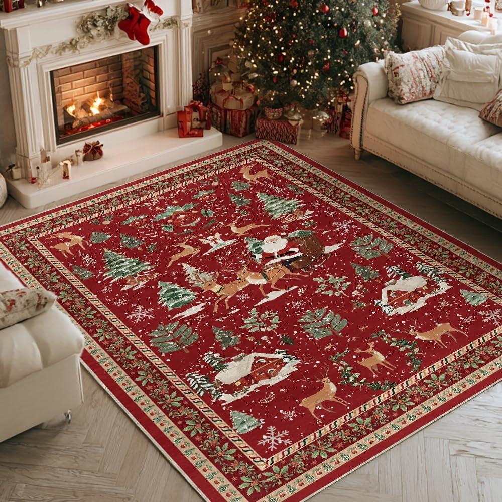 image:imageArtoid Mode Red Santa Claus Deer Christmas Area Rug Winter Home Decor LowProfile NonSlip Washable Large Rug for Living Room Bedroom Farmhouse Dining Room Kids Playroom 3x5 FeetRed