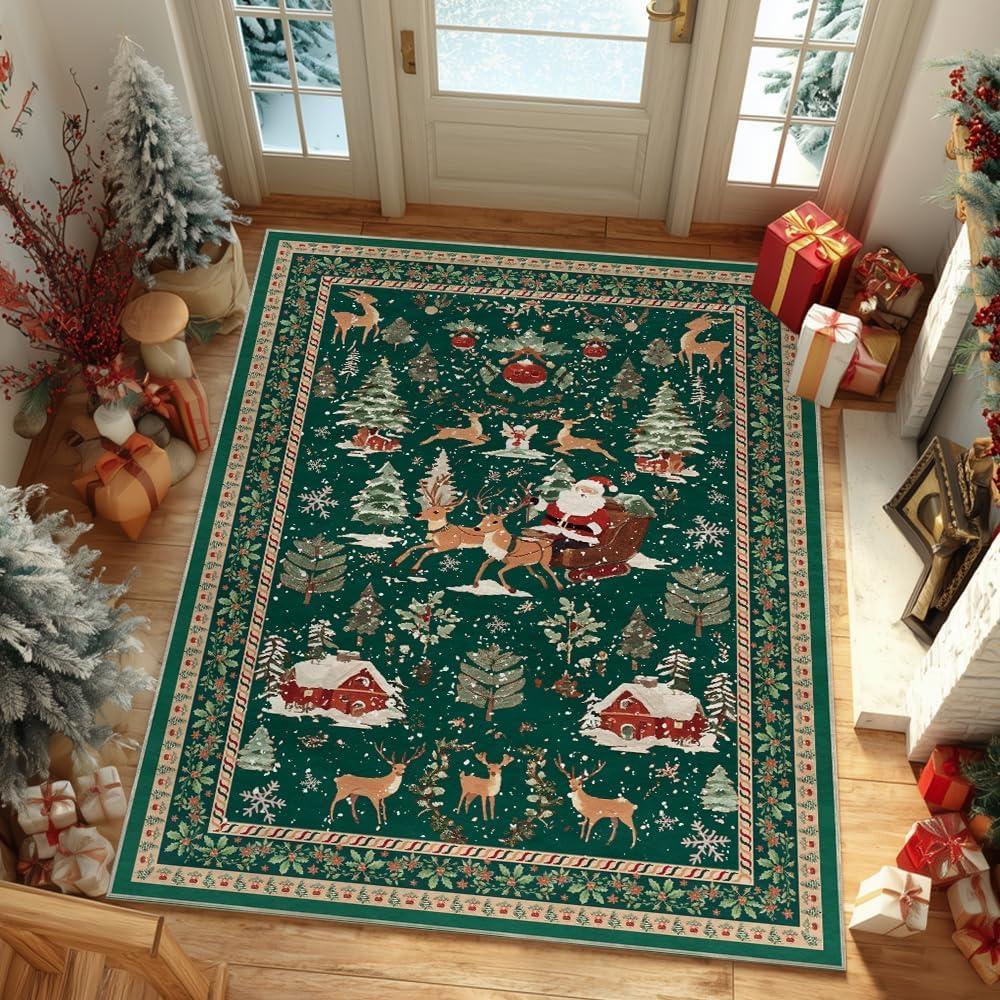 image:imageArtoid Mode Red Santa Claus Deer Christmas Area Rug Winter Home Decor LowProfile NonSlip Washable Large Rug for Living Room Bedroom Farmhouse Dining Room Kids Playroom 3x5 FeetGreen
