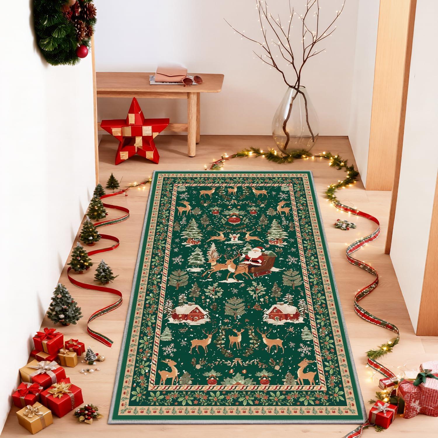 image:imageArtoid Mode Red Santa Claus Deer Christmas Area Rug Winter Home Decor LowProfile NonSlip Washable Large Rug for Living Room Bedroom Farmhouse Dining Room Kids Playroom 3x5 FeetGreen