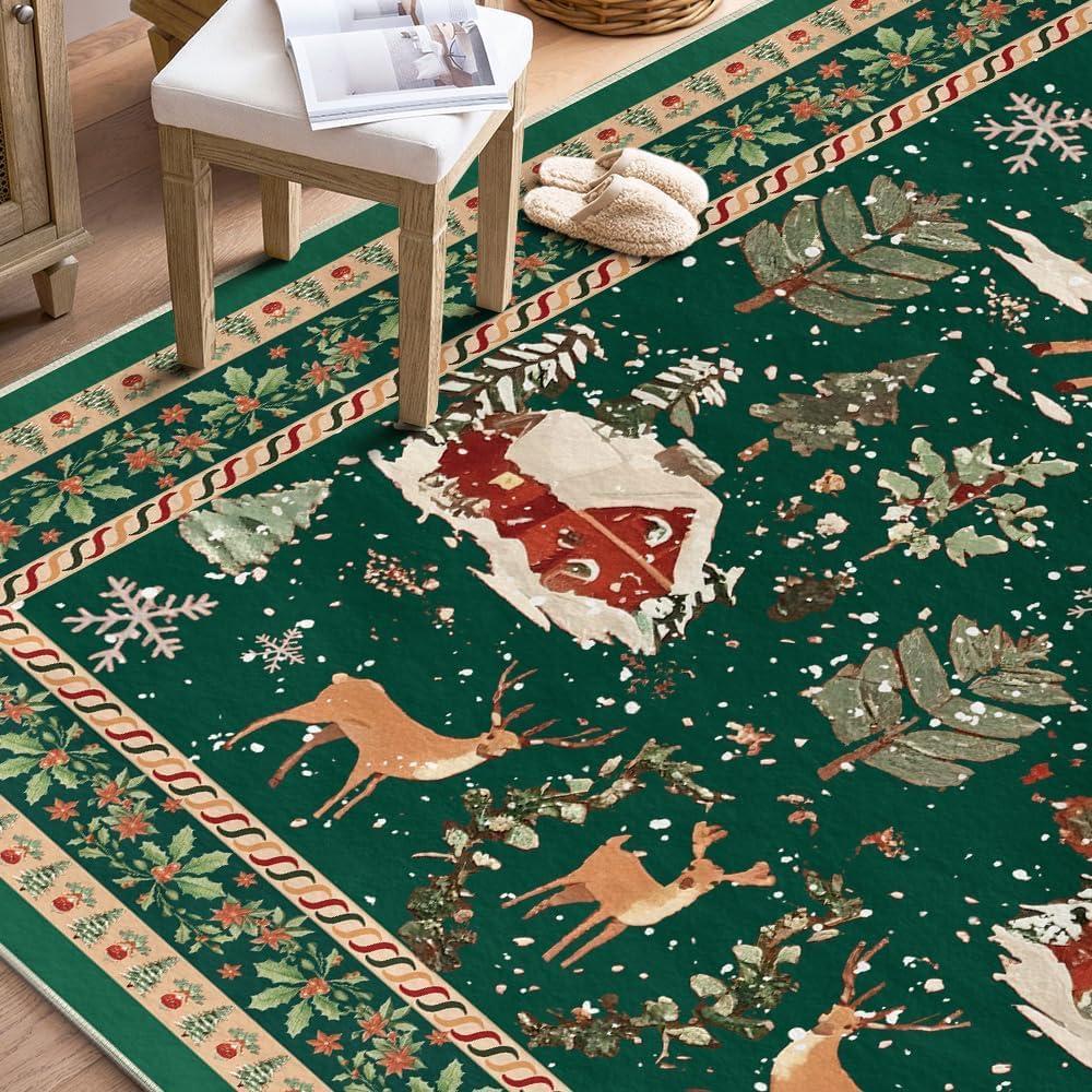 image:imageArtoid Mode Red Santa Claus Deer Christmas Area Rug Winter Home Decor LowProfile NonSlip Washable Large Rug for Living Room Bedroom Farmhouse Dining Room Kids Playroom 3x5 FeetGreen