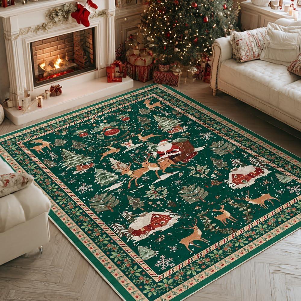 image:imageArtoid Mode Red Santa Claus Deer Christmas Area Rug Winter Home Decor LowProfile NonSlip Washable Large Rug for Living Room Bedroom Farmhouse Dining Room Kids Playroom 3x5 FeetGreen