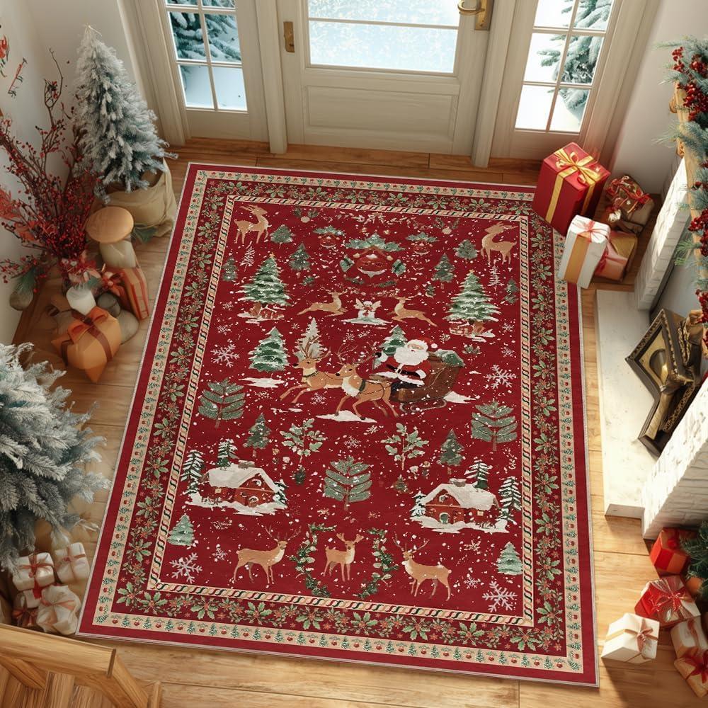 image:imageArtoid Mode Red Santa Claus Deer Christmas Area Rug Winter Home Decor LowProfile NonSlip Washable Large Rug for Living Room Bedroom Farmhouse Dining Room Kids Playroom 3x5 FeetRed