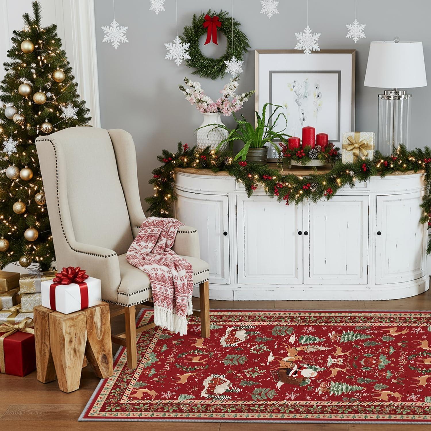 image:imageArtoid Mode Red Santa Claus Deer Christmas Area Rug Winter Home Decor LowProfile NonSlip Washable Large Rug for Living Room Bedroom Farmhouse Dining Room Kids Playroom 3x5 FeetRed