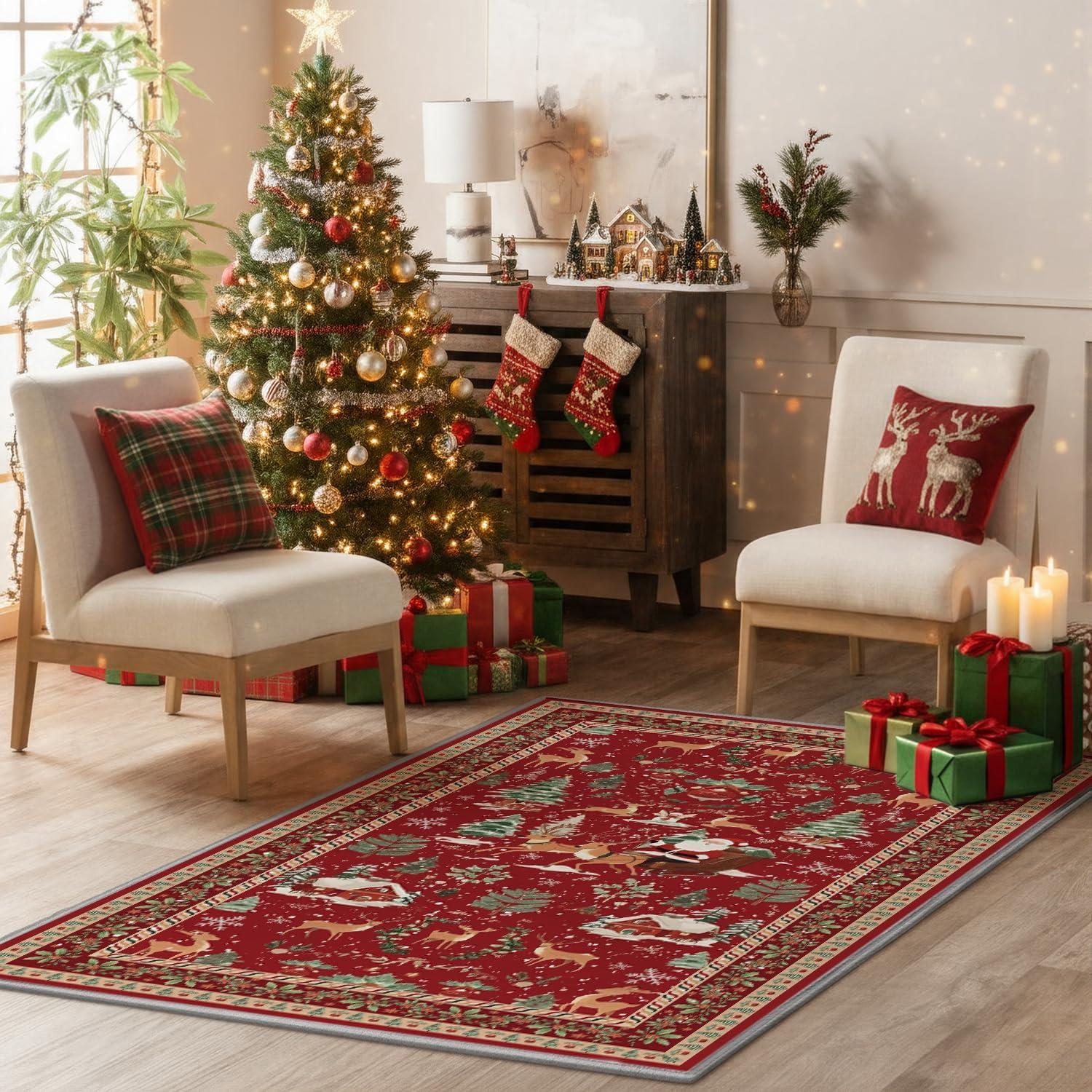 image:imageArtoid Mode Red Santa Claus Deer Christmas Area Rug Winter Home Decor LowProfile NonSlip Washable Large Rug for Living Room Bedroom Farmhouse Dining Room Kids Playroom 3x5 FeetRed