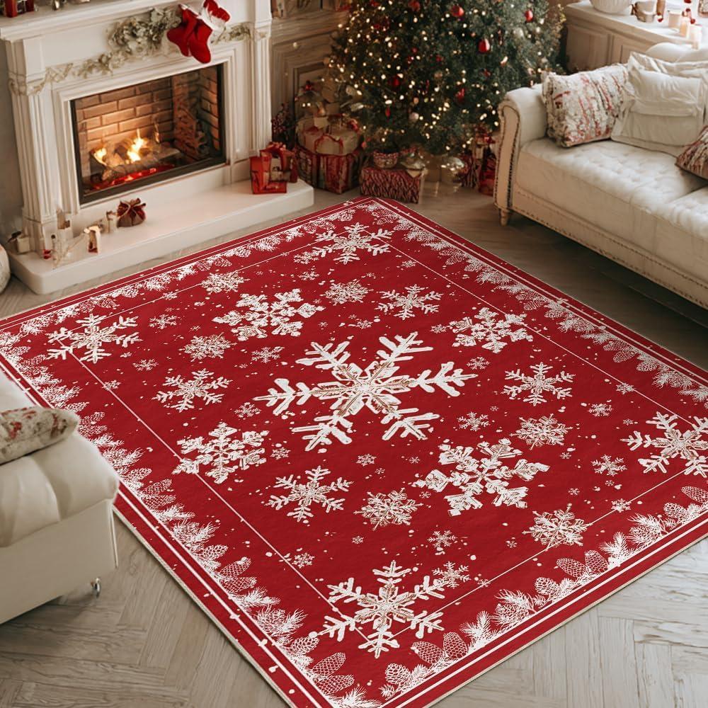 image:imageArtoid Mode Red Snowflake Pinecone Winter Area Rug Christmas Home Decor LowProfile NonSlip Washable Large Rug for Living Room Bedroom Farmhouse Dining Room Kids Playroom 5x7 FeetRed