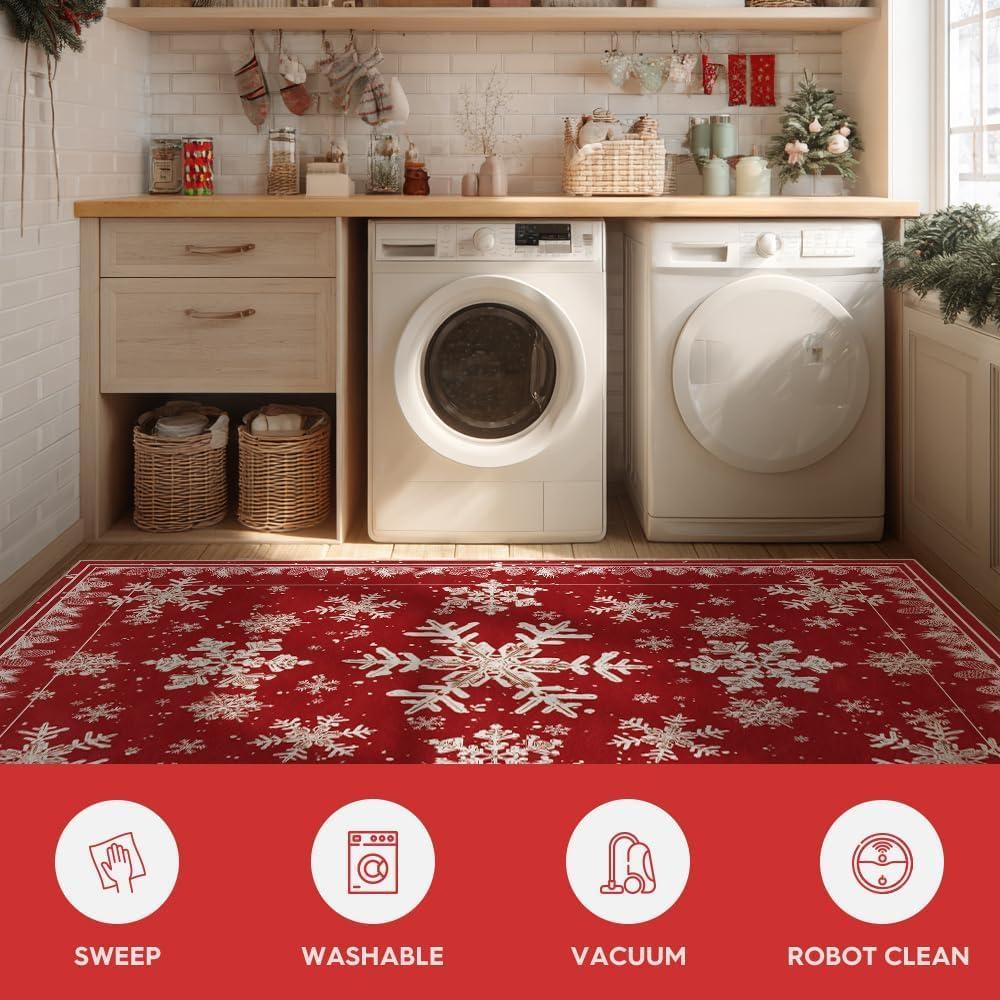 image:imageArtoid Mode Red Snowflake Pinecone Winter Area Rug Christmas Home Decor LowProfile NonSlip Washable Large Rug for Living Room Bedroom Farmhouse Dining Room Kids Playroom 5x7 FeetRed