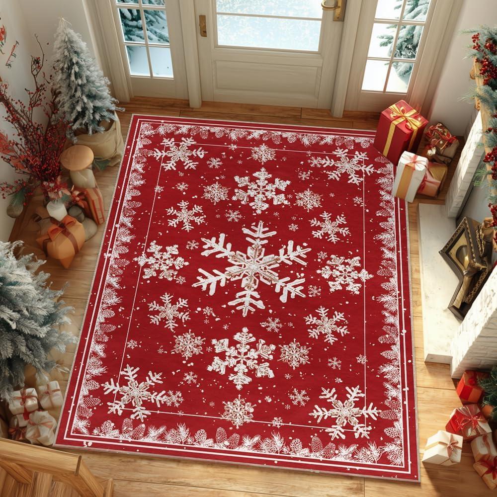image:imageArtoid Mode Red Snowflake Pinecone Winter Area Rug Christmas Home Decor LowProfile NonSlip Washable Large Rug for Living Room Bedroom Farmhouse Dining Room Kids Playroom 5x7 FeetRed