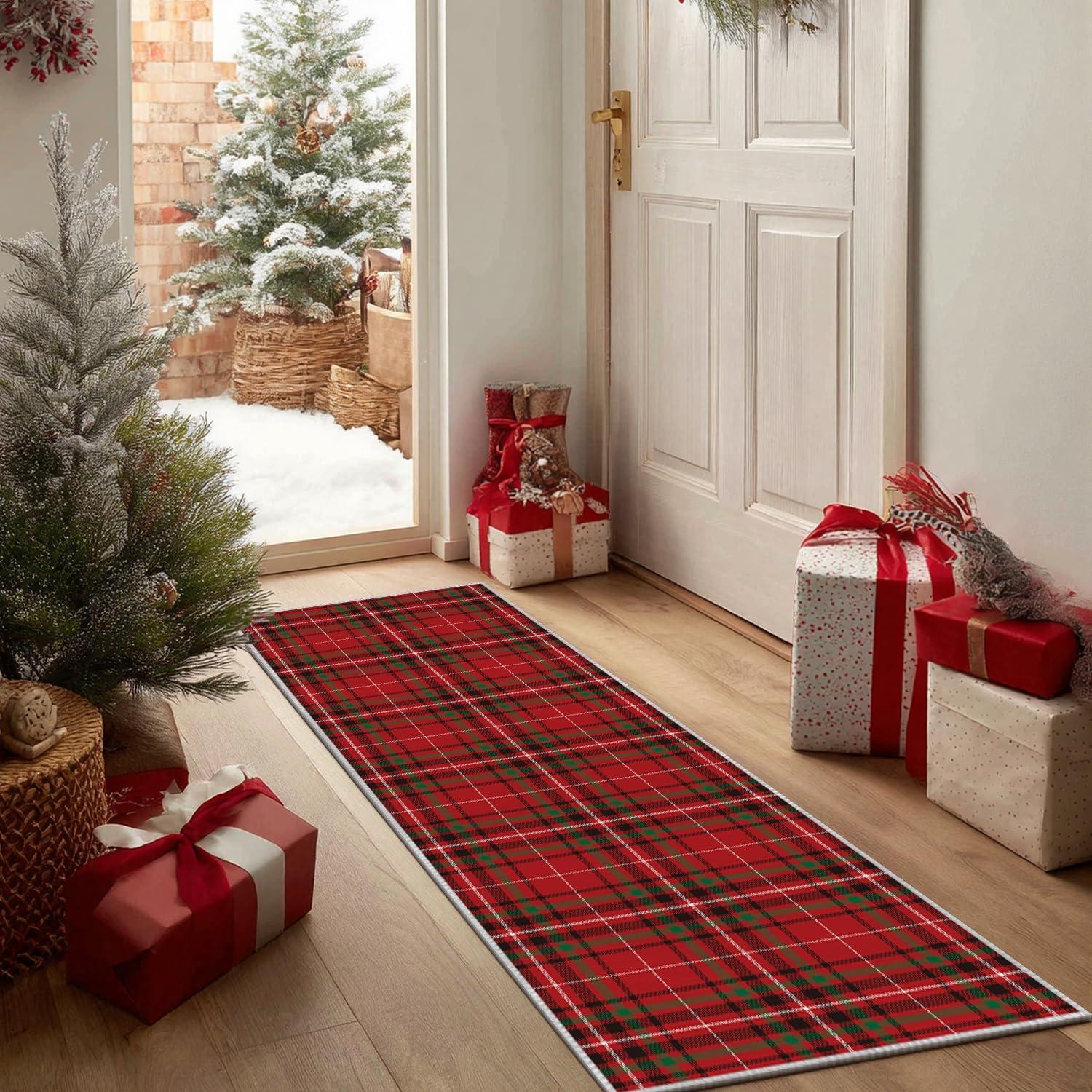 image:imageArtoid Mode Red Stripe Plaid Christmas Door Mat Winter Home Decor LowProfile NonSlip Washable Throw Rug for Kitchen Entryway Front Door Bedroom Bathroom 2x3 FeetRed