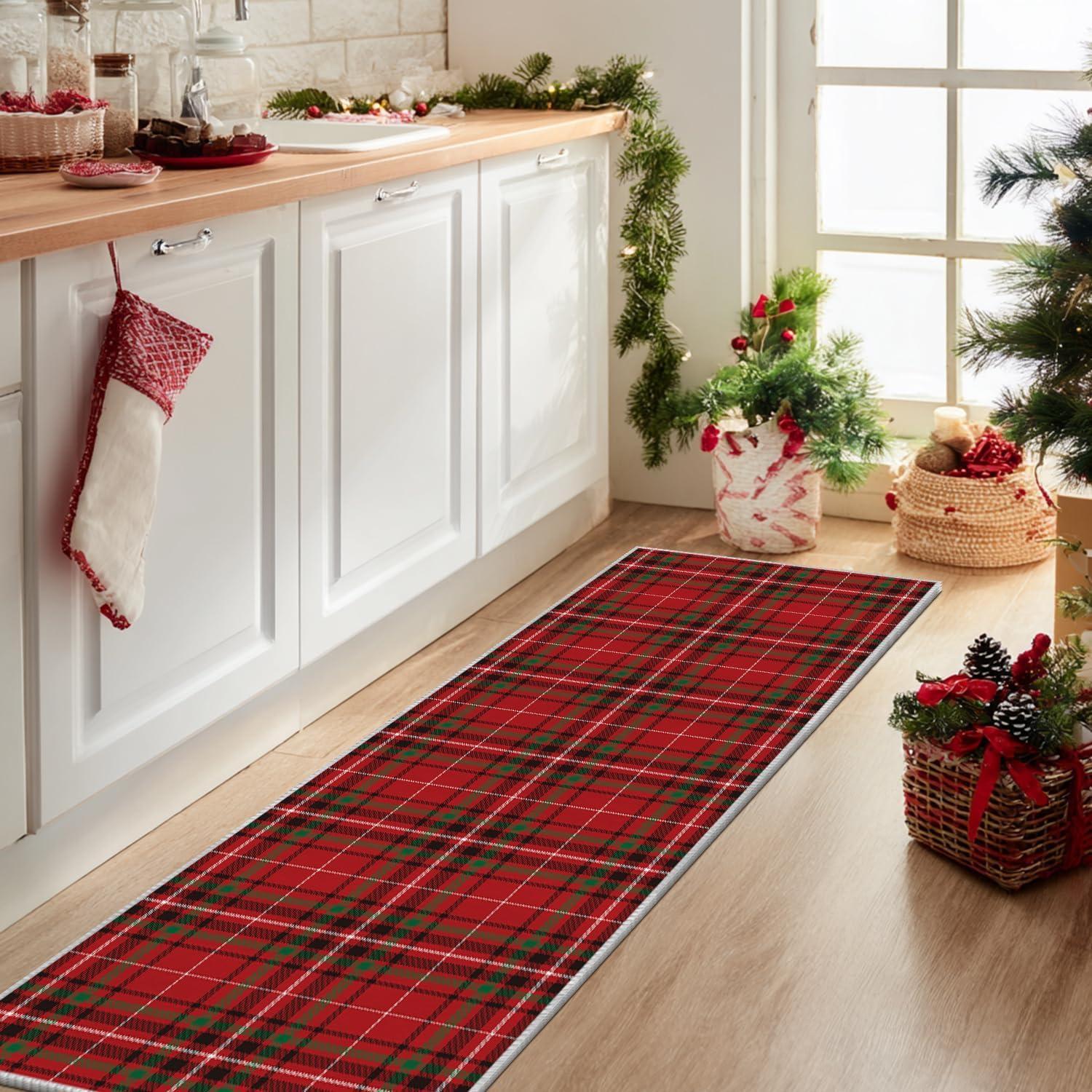 image:imageArtoid Mode Red Stripe Plaid Christmas Door Mat Winter Home Decor LowProfile NonSlip Washable Throw Rug for Kitchen Entryway Front Door Bedroom Bathroom 2x3 FeetRed