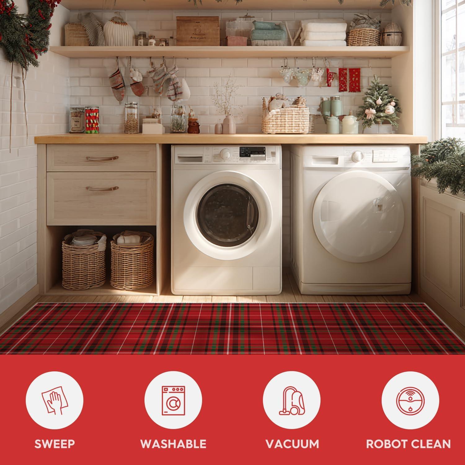 image:imageArtoid Mode Red Stripe Plaid Christmas Door Mat Winter Home Decor LowProfile NonSlip Washable Throw Rug for Kitchen Entryway Front Door Bedroom Bathroom 2x3 FeetRed
