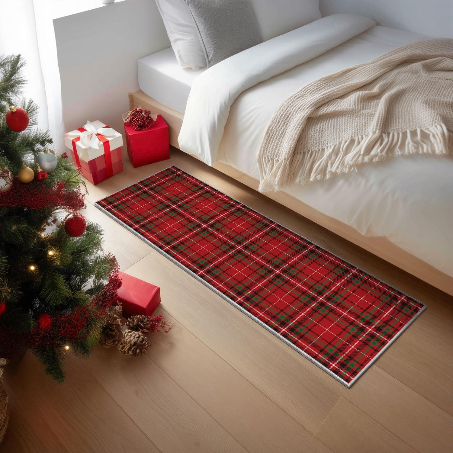 image:imageArtoid Mode Red Stripe Plaid Christmas Door Mat Winter Home Decor LowProfile NonSlip Washable Throw Rug for Kitchen Entryway Front Door Bedroom Bathroom 2x3 FeetRed