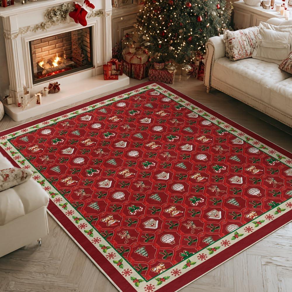 image:imageArtoid Mode Red Xmas Ball Bear Christmas Area Rug Winter Home Decor LowProfile NonSlip Washable Large Rug for Living Room Bedroom Farmhouse Dining Room Kids Playroom 5x7 FeetRed