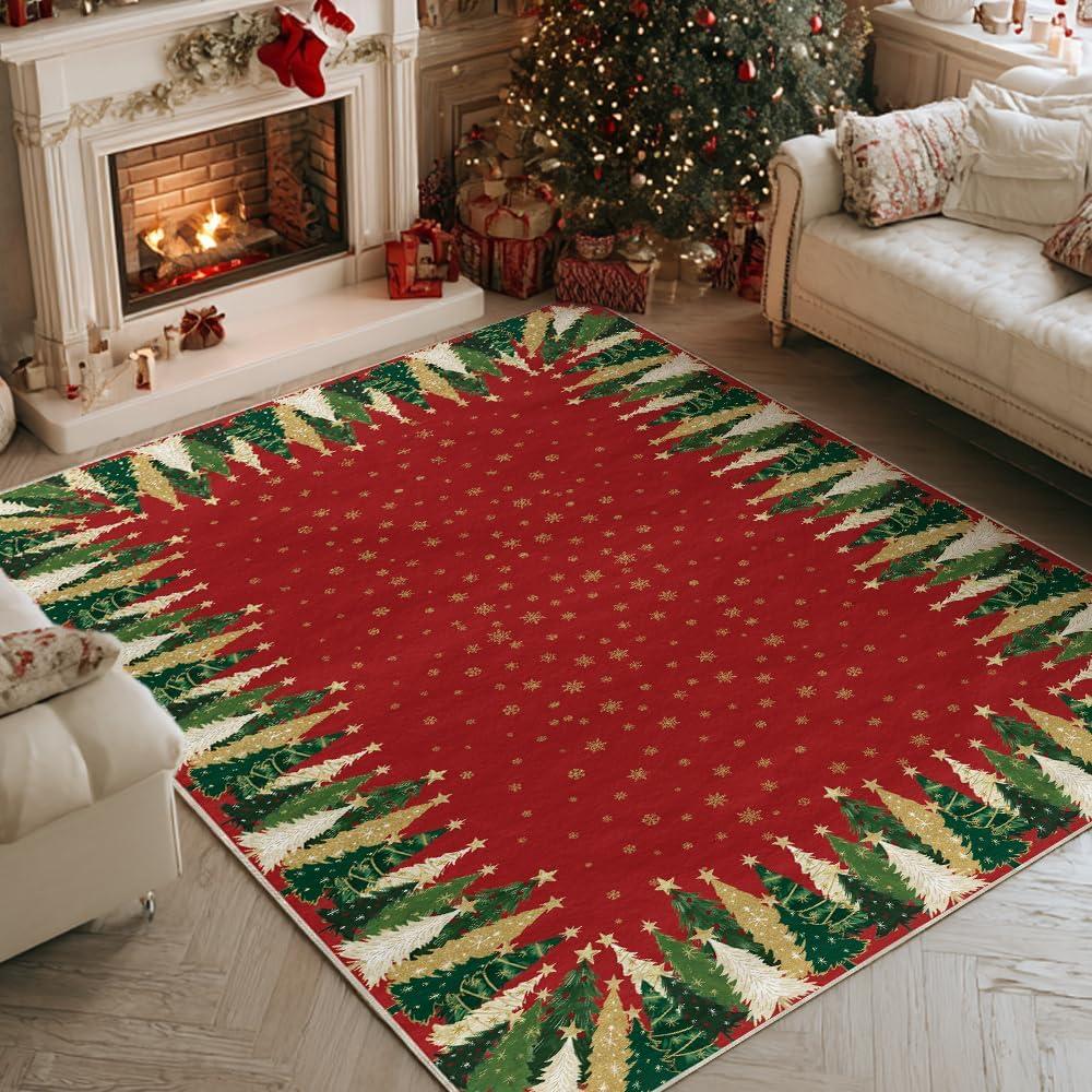 image:imageArtoid Mode Red Xmas Tree Snowflake Christmas Area Rug Winter Home Decor LowProfile NonSlip Washable Large Rug for Living Room Bedroom Farmhouse Dining Room Kids Playroom 5x7 FeetRed