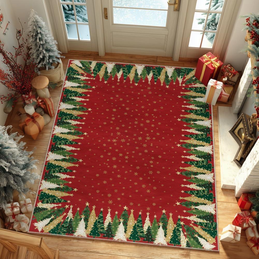 image:imageArtoid Mode Red Xmas Tree Snowflake Christmas Area Rug Winter Home Decor LowProfile NonSlip Washable Large Rug for Living Room Bedroom Farmhouse Dining Room Kids Playroom 5x7 FeetRed