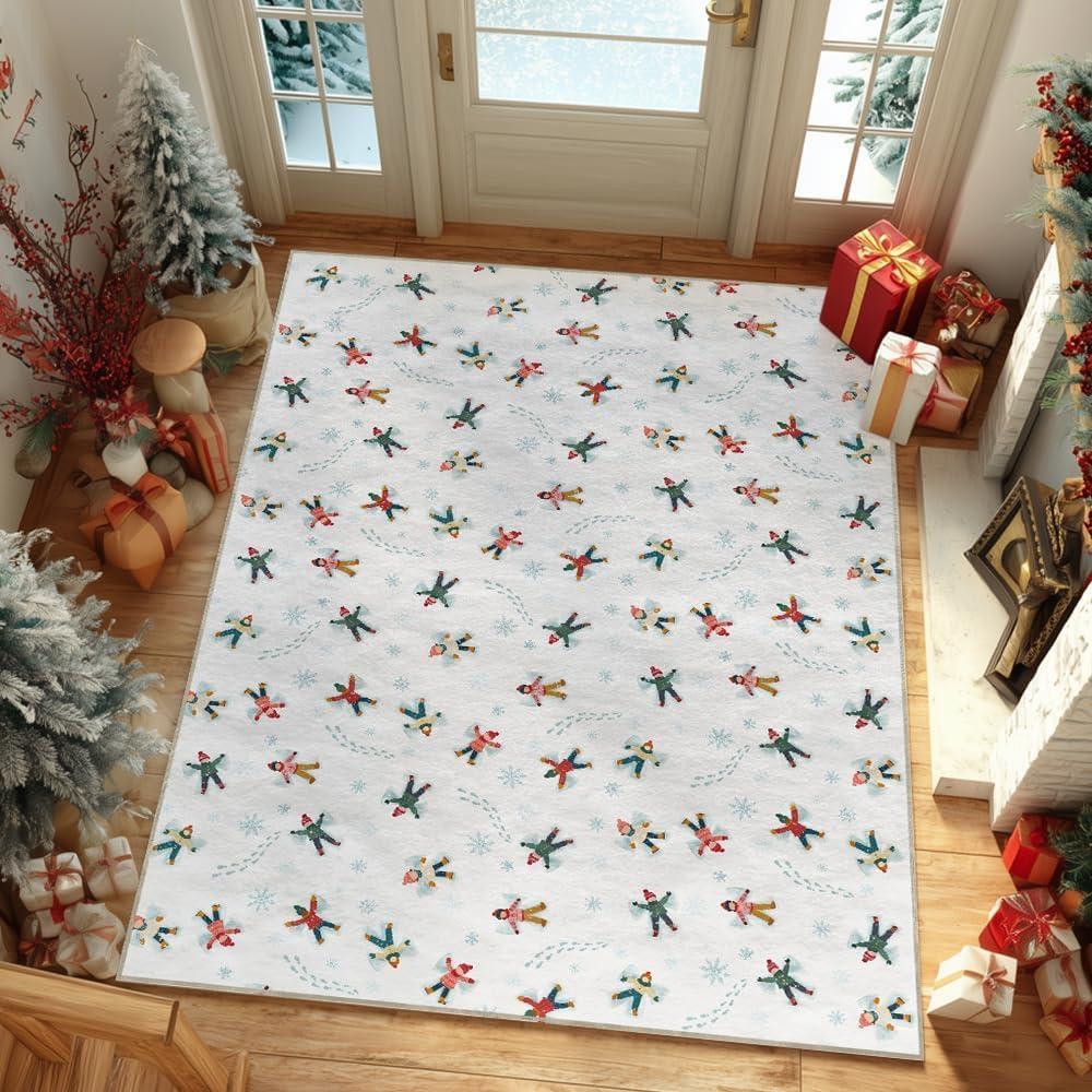 image:imageArtoid Mode White Snow Children Winter Area Rug Christmas Home Decor LowProfile NonSlip Washable Large Rug for Living Room Bedroom Farmhouse Dining Room Kids Playroom 5x7 FeetWhite
