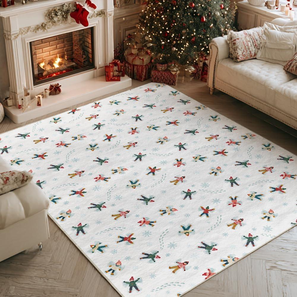 image:imageArtoid Mode White Snow Children Winter Area Rug Christmas Home Decor LowProfile NonSlip Washable Large Rug for Living Room Bedroom Farmhouse Dining Room Kids Playroom 5x7 FeetWhite