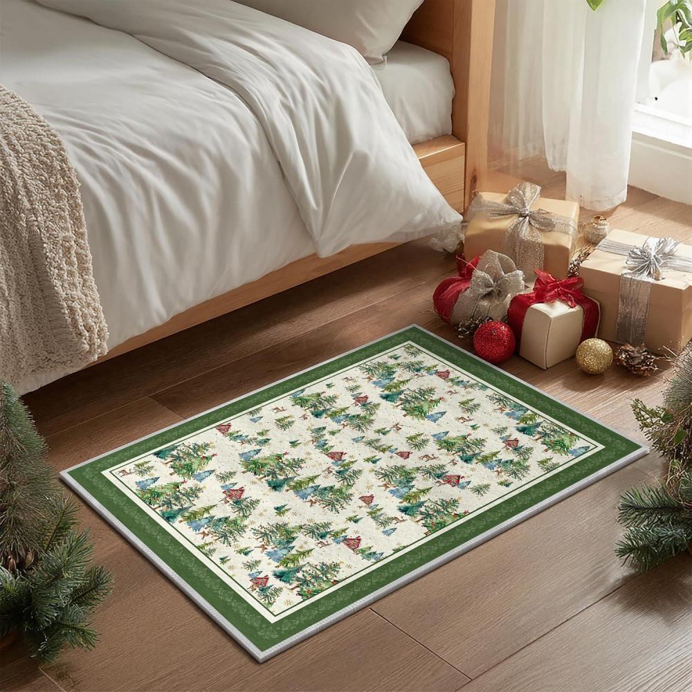 image:imageArtoid Mode Green Pine Tree House Christmas Door Mat Winter Home Decor LowProfile NonSlip Washable Throw Rug for Kitchen Entryway Front Door Bedroom Bathroom 2x3 FeetGreen