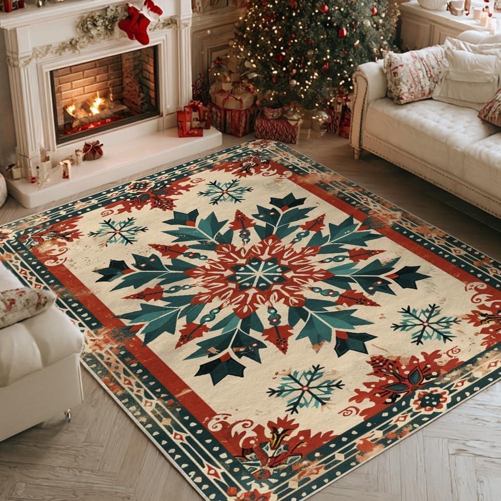 image:imageArtoid Mode Moroccan Style Snowflake Christmas Area Rug Winter Home Decor LowProfile NonSlip Washable Large Rug for Living Room Bedroom Farmhouse Dining Room Kids Playroom 5x7 Feet