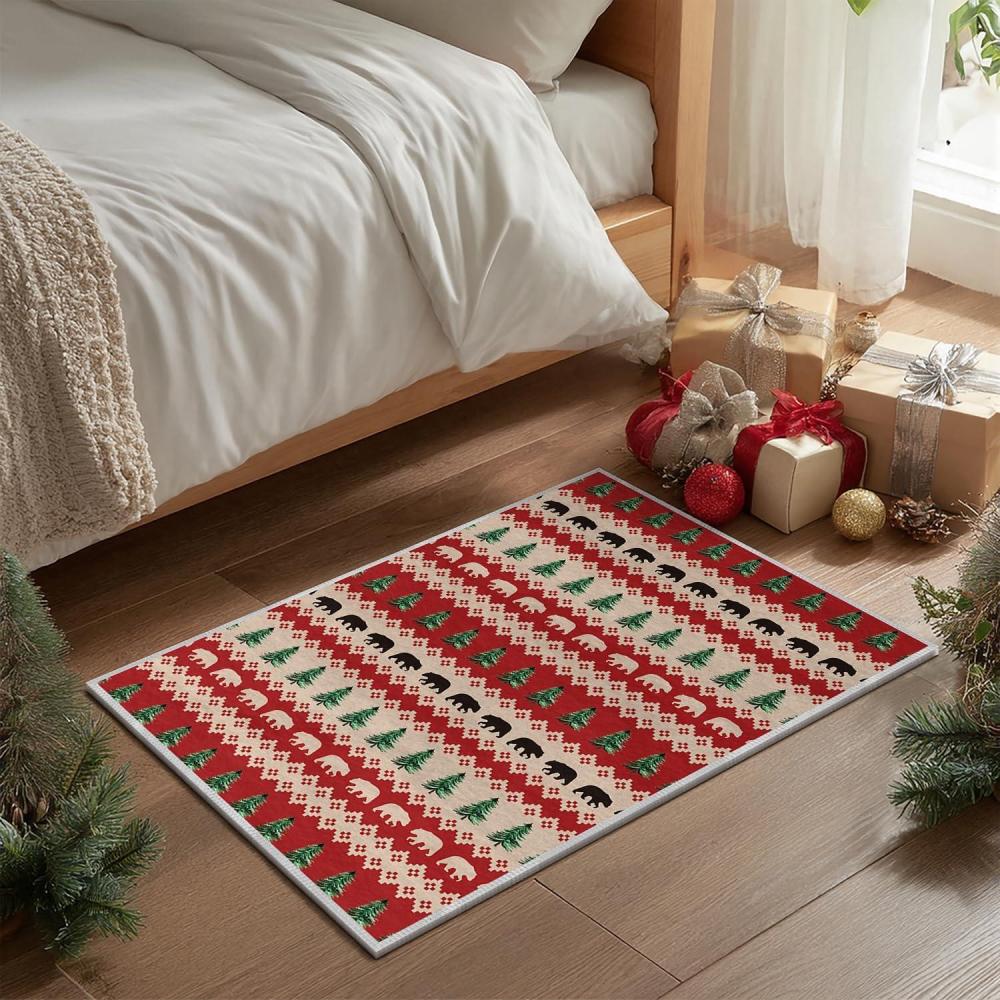image:imageArtoid Mode Stripe Bear Tree Christmas Door Mat Winter Home Decor LowProfile NonSlip Washable Throw Rug for Kitchen Entryway Front Door Bedroom Bathroom 2x3 FeetRedBeige