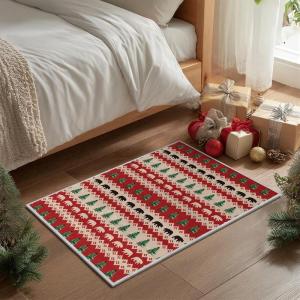Artoid Mode Stripe Bear Tree Christmas Door Mat, Winter Home Decor Low-Profile Non-Slip Washable Throw Rug for Kitchen Entryway Front Door Bedroom Bathroom 2×3 Feet(Red/Beige)