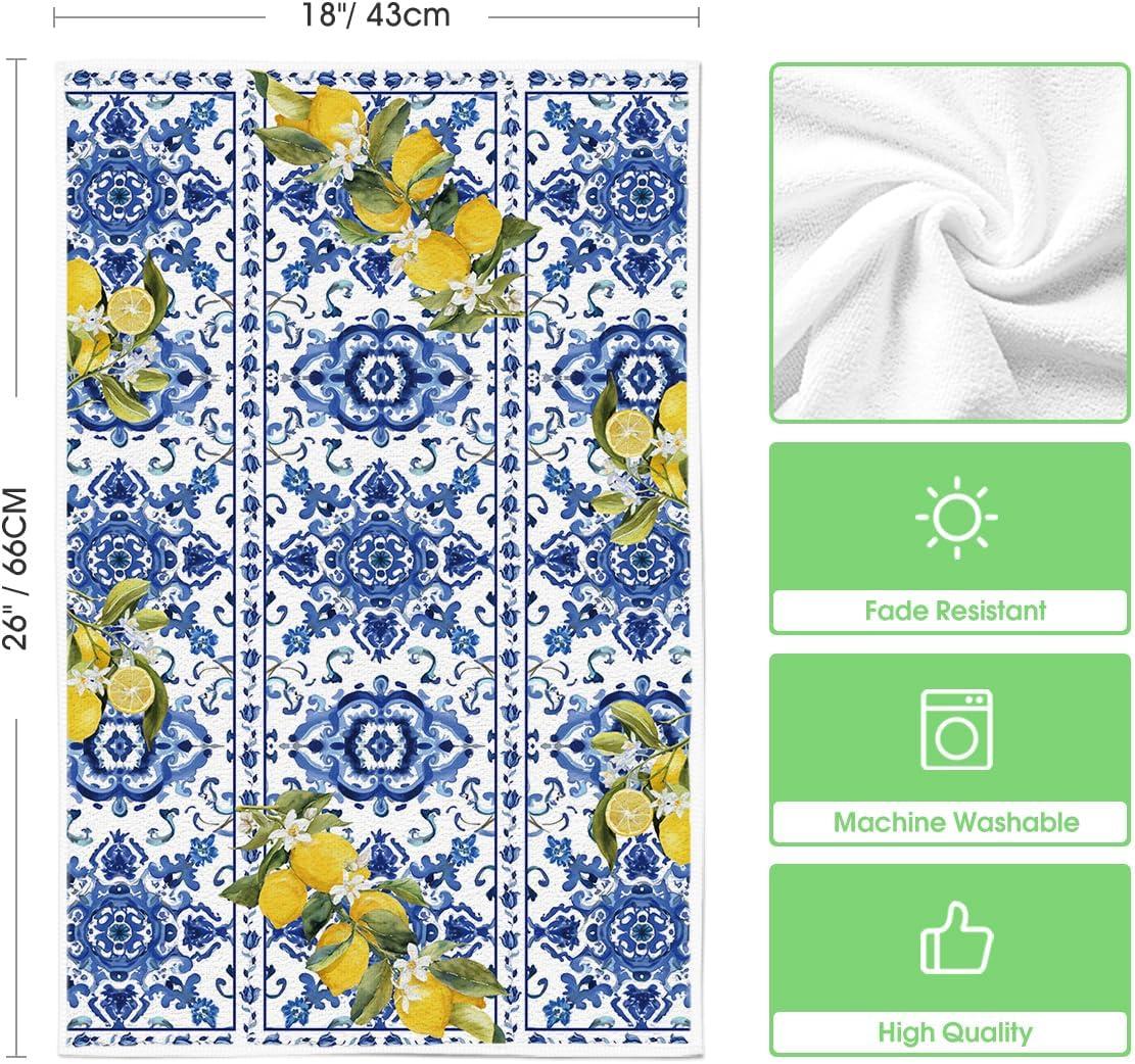 image:imageArtoid Mode Blue Lemon Porcelain Summer Kitchen Towels Dish Towels 18x26 Inch Farmhouse Decoration Cleaning Set of 2