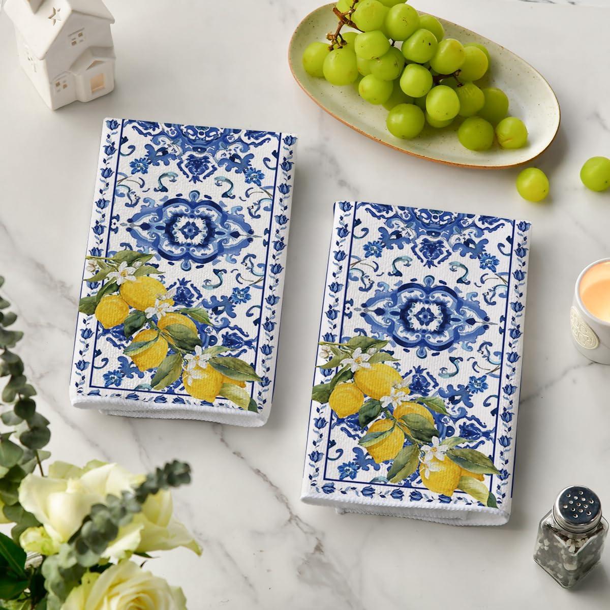 image:imageArtoid Mode Blue Lemon Porcelain Summer Kitchen Towels Dish Towels 18x26 Inch Farmhouse Decoration Cleaning Set of 2