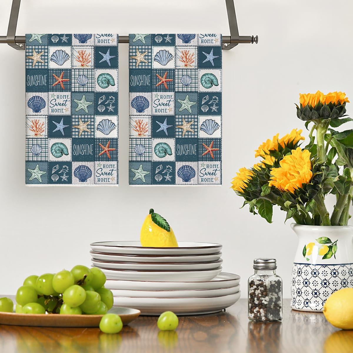 image:imageArtoid Mode Checkered Conch Shells Starfish Summer Kitchen Towels Dish Towels 18x26 Inch Farmhouse Decoration Cleaning Set of 2