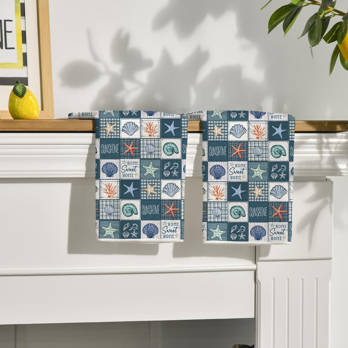 image:imageArtoid Mode Checkered Conch Shells Starfish Summer Kitchen Towels Dish Towels 18x26 Inch Farmhouse Decoration Cleaning Set of 2