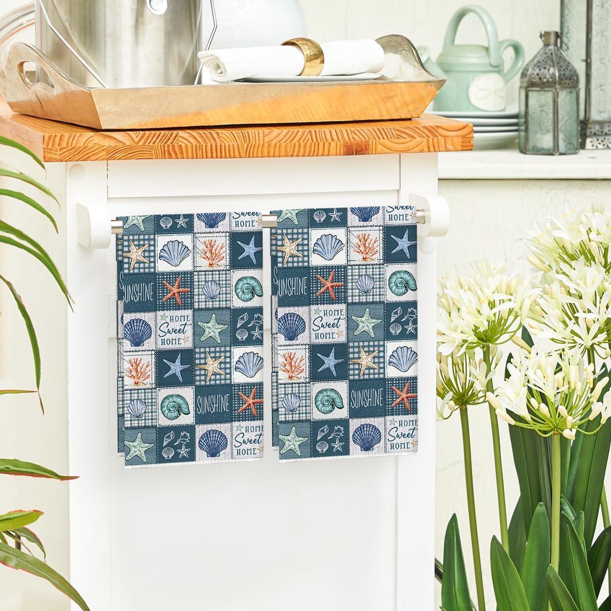 image:imageArtoid Mode Checkered Conch Shells Starfish Summer Kitchen Towels Dish Towels 18x26 Inch Farmhouse Decoration Cleaning Set of 2