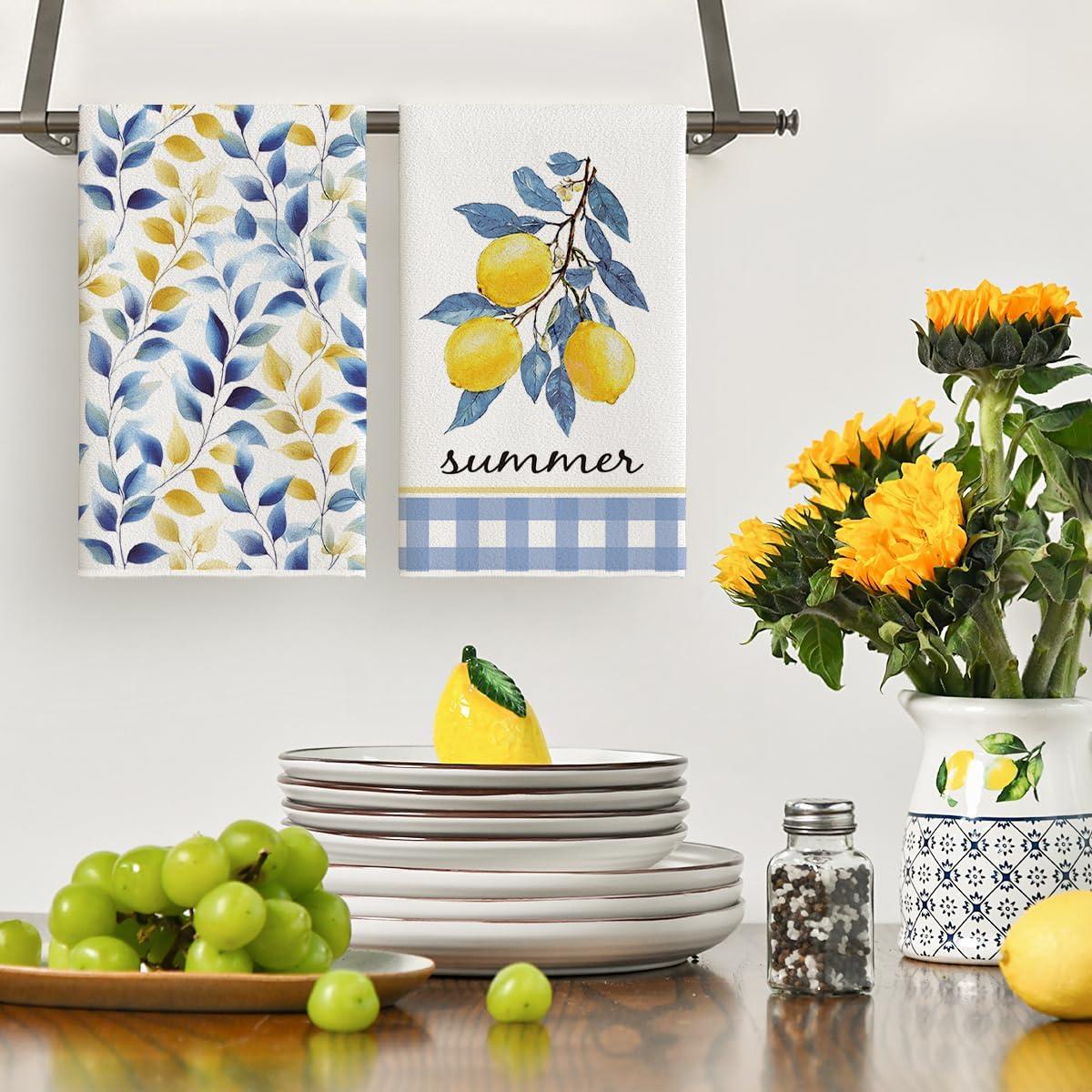 image:imageArtoid Mode Lemon Leaves Summer Kitchen Towels Dish Towels 18x26 Inch Farmhouse Decoration Cleaning Set of 2