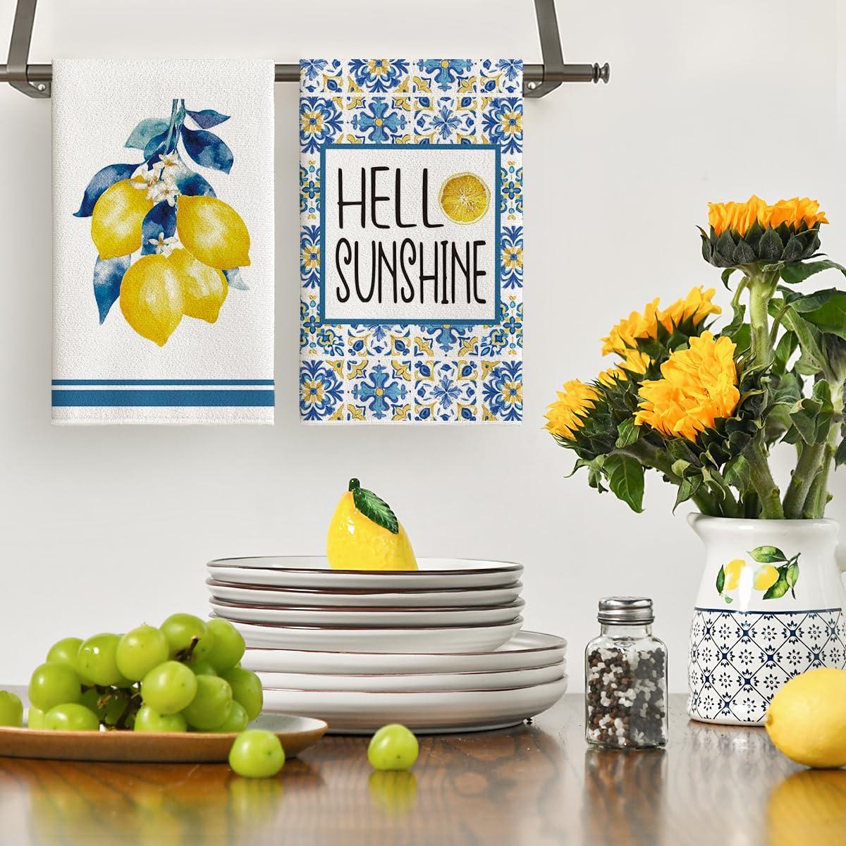 image:imageArtoid Mode Lemons Florals Hello Sunshine Summer Kitchen Towels Dish Towels 18x26 Inch Farmhouse Decoration Cleaning Set of 4