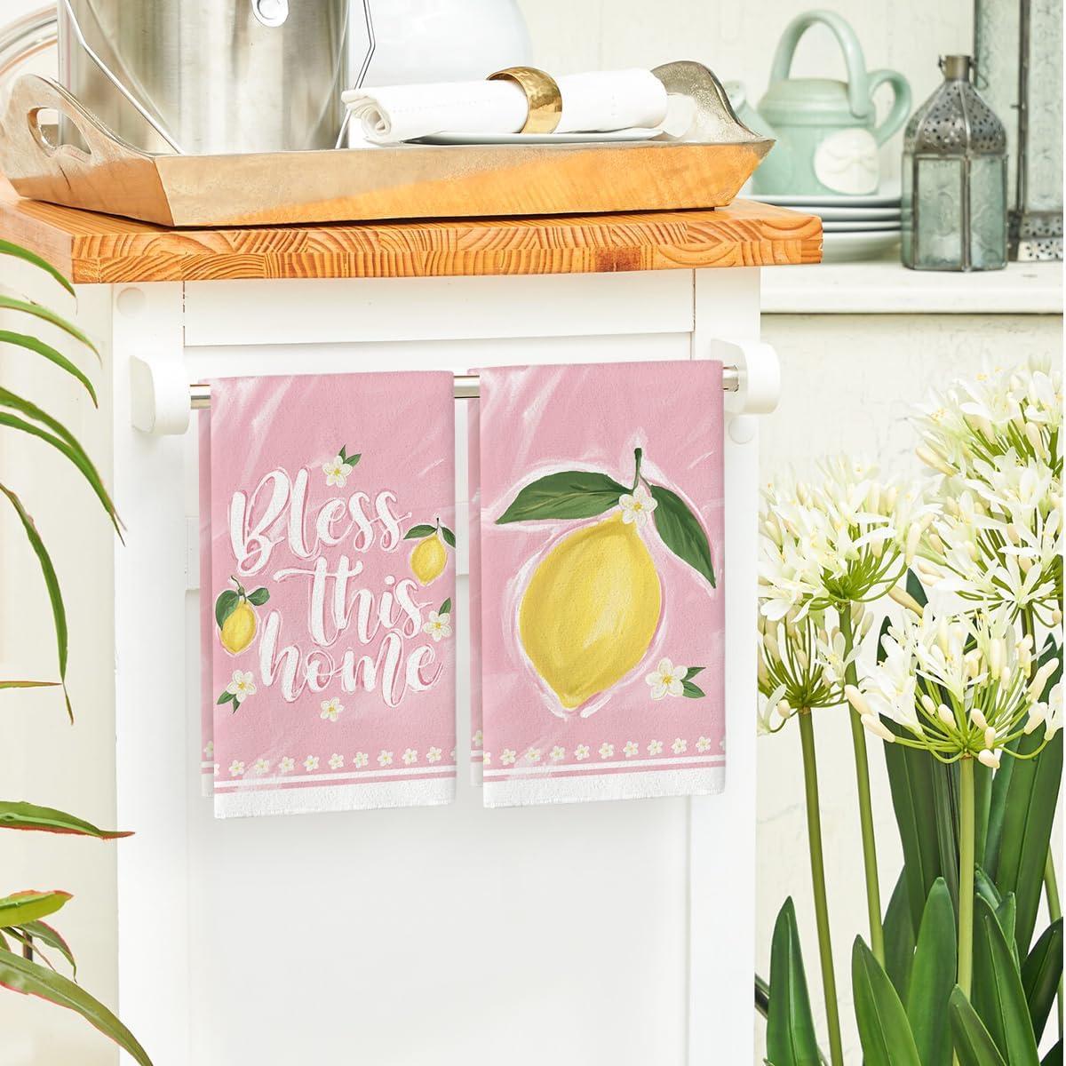 image:imageArtoid Mode Pink Lemons Leaves Flowers Summer Kitchen Towels Dish Towels 18x26 Inch Farmhouse Spring Decoration Cleaning Set of 4