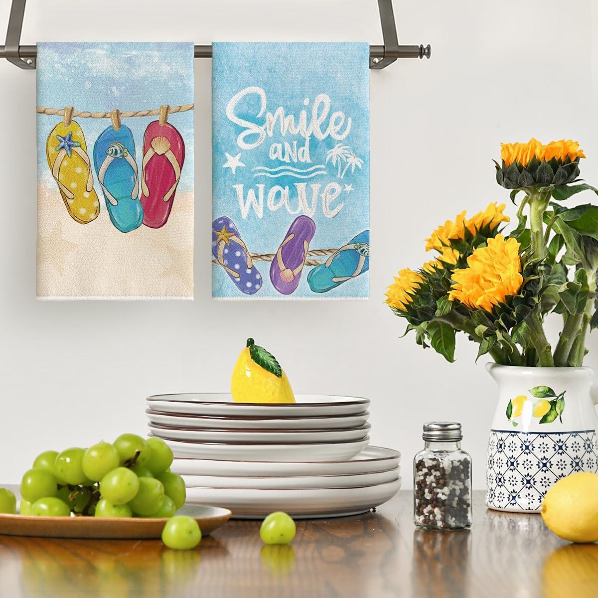 image:imageArtoid Mode Shell Starfish Slippers Beauty Smile Summer Kitchen Towels Dish Towels 18x26 Inch Farmhouse Decoration Cleaning Set of 4