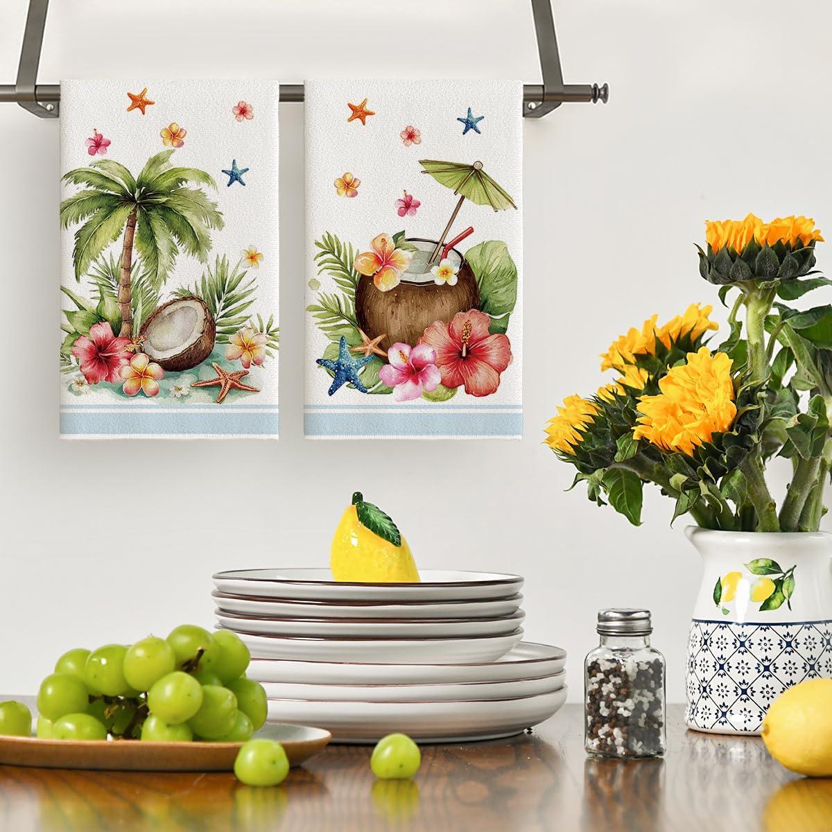 image:imageArtoid Mode Starfish Coconut Tree Flowers Summer Kitchen Towels Dish Towels 18x26 Inch Farmhouse Spring Decoration Cleaning Set of 2