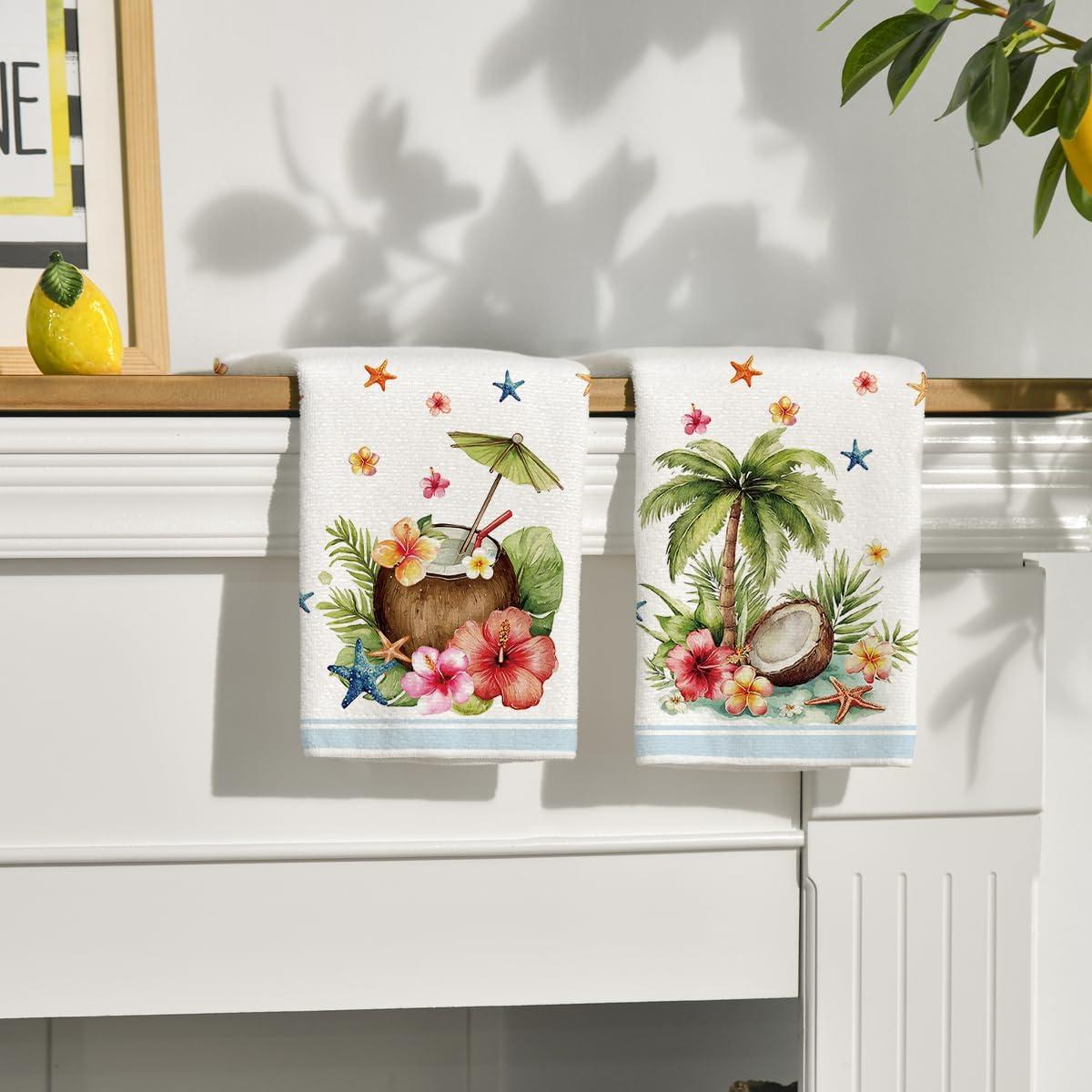 image:imageArtoid Mode Starfish Coconut Tree Flowers Summer Kitchen Towels Dish Towels 18x26 Inch Farmhouse Spring Decoration Cleaning Set of 2