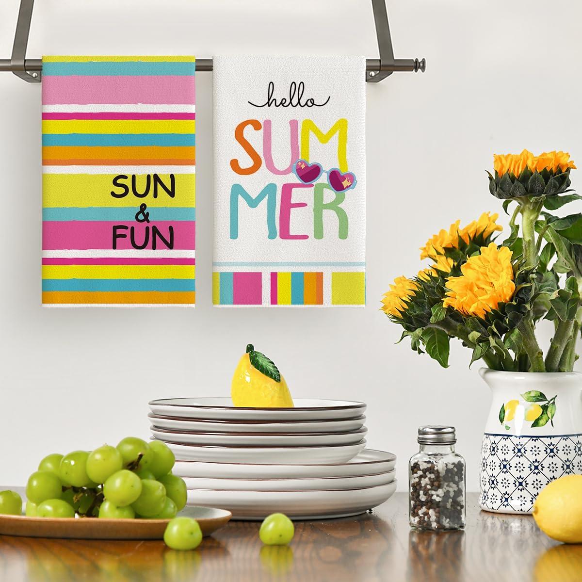 image:imageArtoid Mode Sun and Fun Stripes Summer Kitchen Towels Dish Towels 18x26 Inch Farmhouse Decoration Cleaning Set of 2