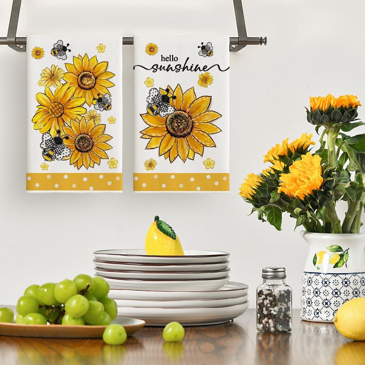 image:imageArtoid Mode Sunflower Bee Hello Sunshine Summer Kitchen Towels Dish Towels 18x26 Inch Farmhouse Spring Decoration Cleaning Set of 2