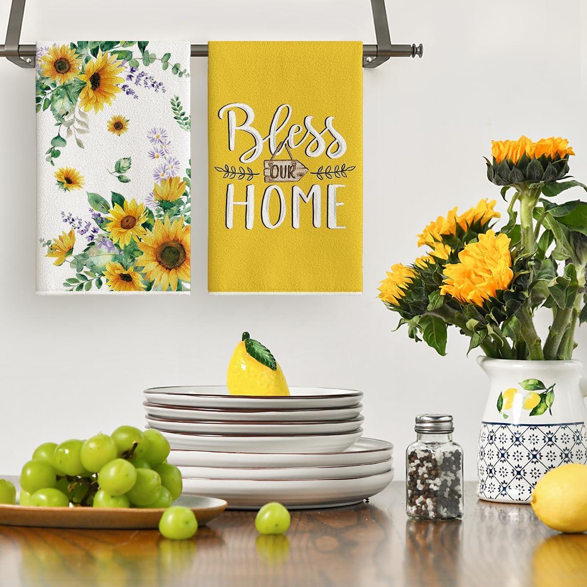 image:imageArtoid Mode Sunflower Leaves Florals Bless Our Home Summer Kitchen Towels Dish Towels 18x26 Inch Farmhouse Spring Decoration Cleaning Set of 4