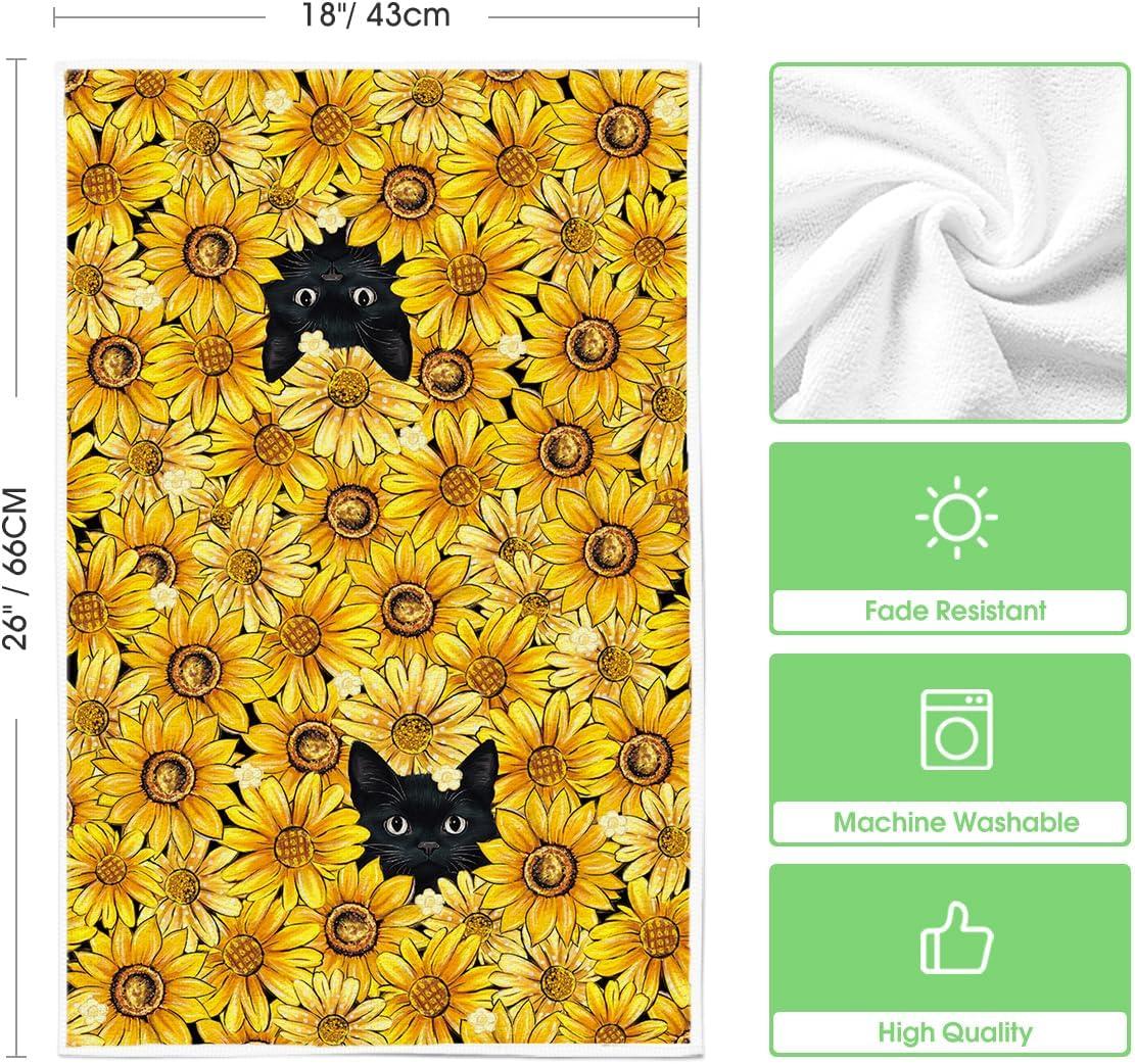 image:imageArtoid Mode Sunflowers Bee Black Cat Summer Kitchen Towels Dish Towels 18x26 Inch Farmhouse Decoration Cleaning Set of 2