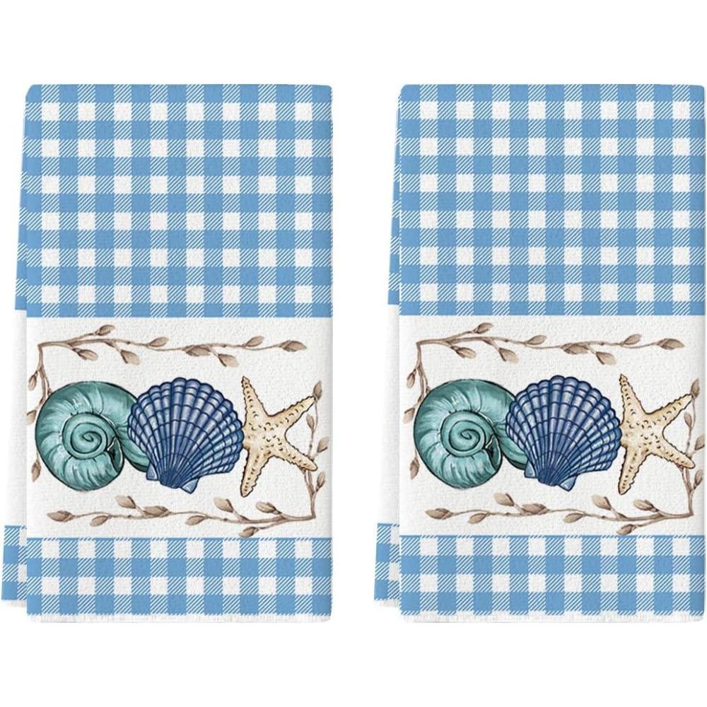 image:imageArtoid Mode Blue Checkered Shell Starfish Summer Kitchen Towels Dish Towels 18x26 Inch Farmhouse Decoration Cleaning Set of 2Blue