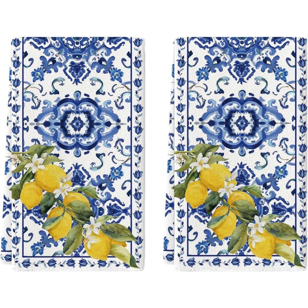 image:imageArtoid Mode Blue Lemon Porcelain Summer Kitchen Towels Dish Towels 18x26 Inch Farmhouse Decoration Cleaning Set of 2